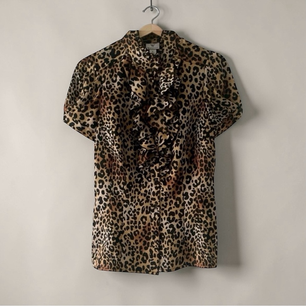 WORTHINGTON Leopard Print Ruffle Blouse Size Small Short Sleeve Button Front - Picture 2 of 9